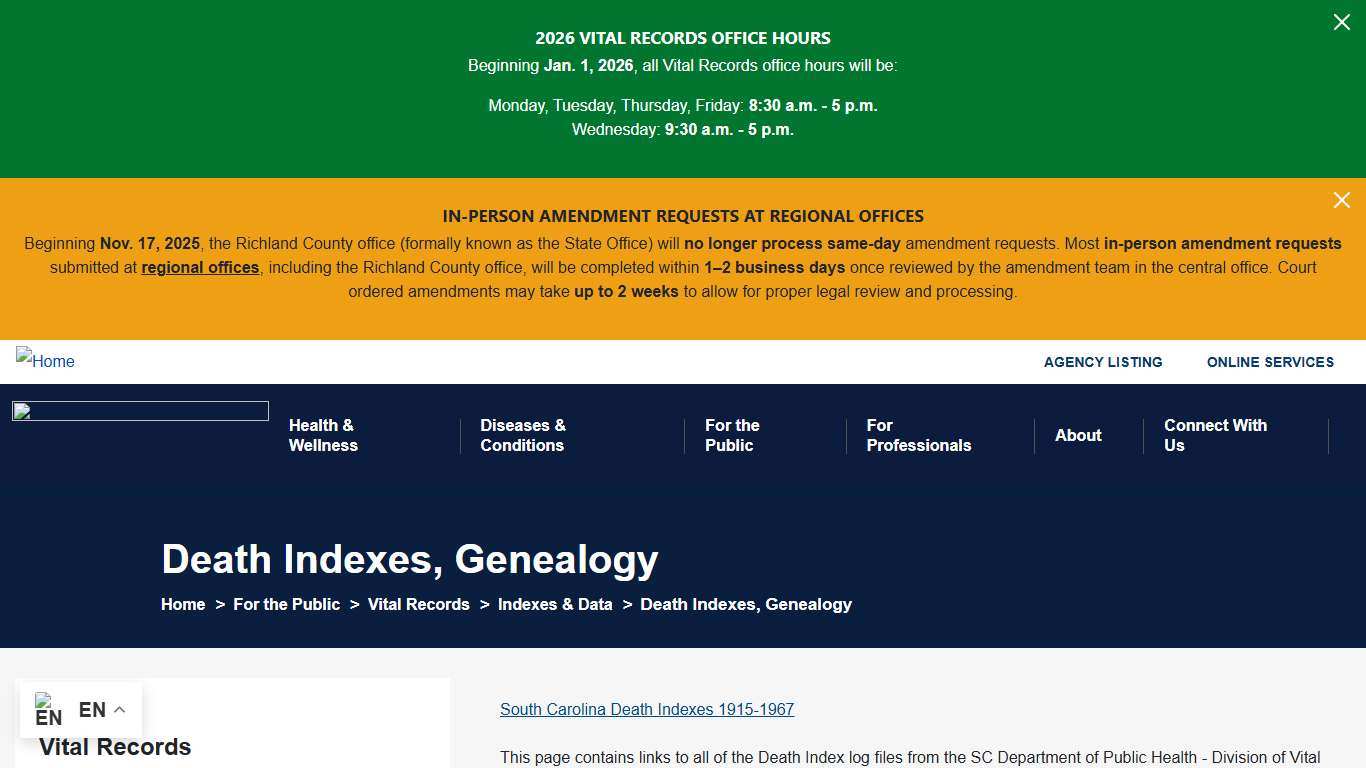 Death Indexes, Genealogy South Carolina Department of Public Health