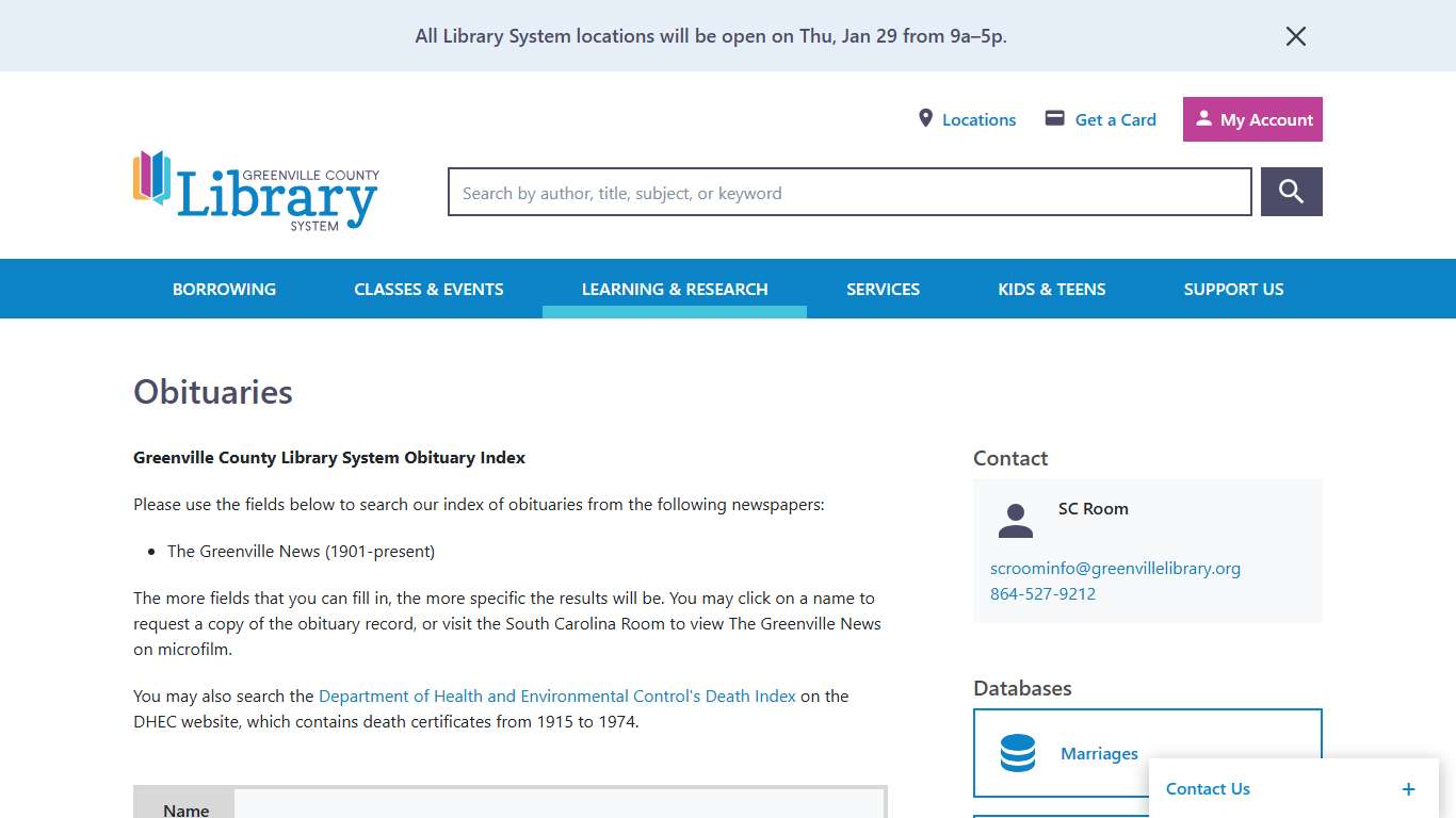 Obituaries Greenville (SC) County Library System